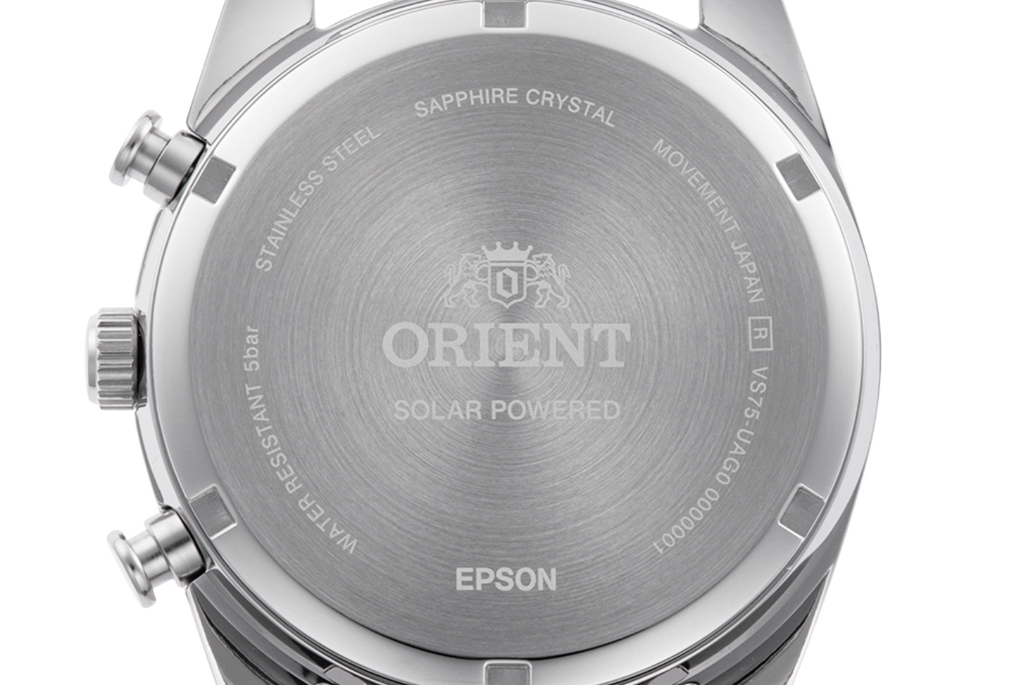 Close-up of a silver Orient watch back, engraved with "Solar Powered," "Stainless Steel," "Sapphire Crystal," "Water Resistant 15 Bar," and "Epson."