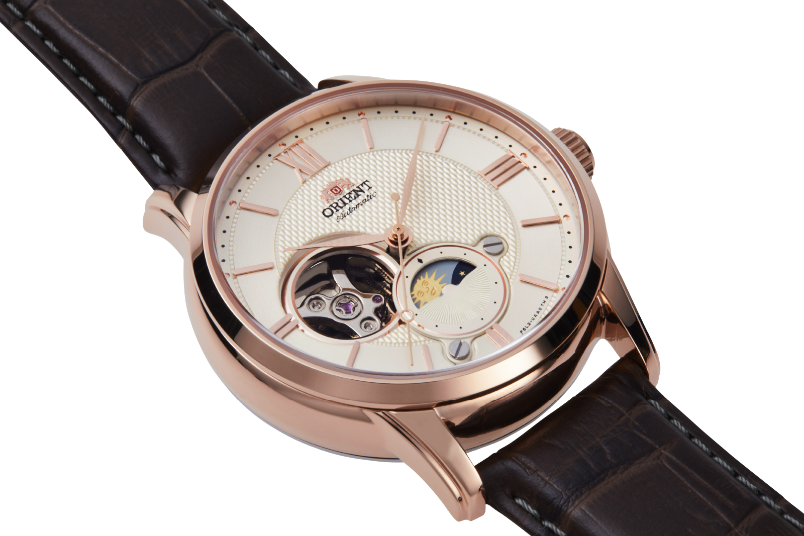 Orient Sun and Moon Open Heart RA-AS0009S10B classic watch sapphire rose gold champagne
