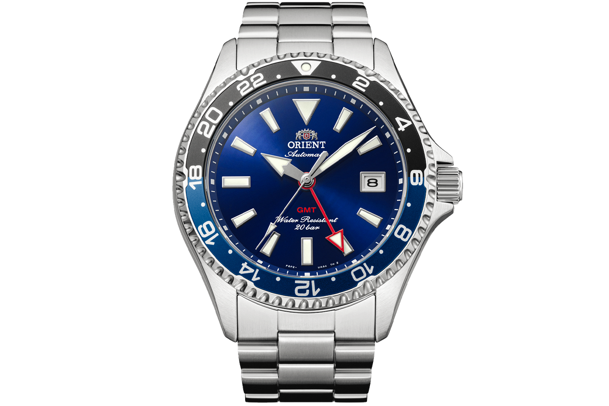 Orient RA-BC0003L Kamasu GMT watch with a blue dial, black-and-blue 24-hour bezel, date window, and stainless steel bracelet