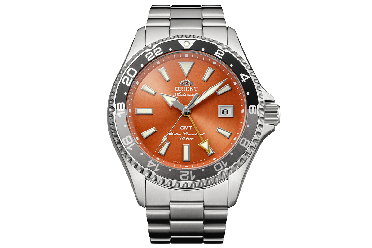 Orient RA-BC0004Y Kamasu GMT watch with a orange dial, black-and-gray 24-hour bezel, date window, and stainless steel bracelet.