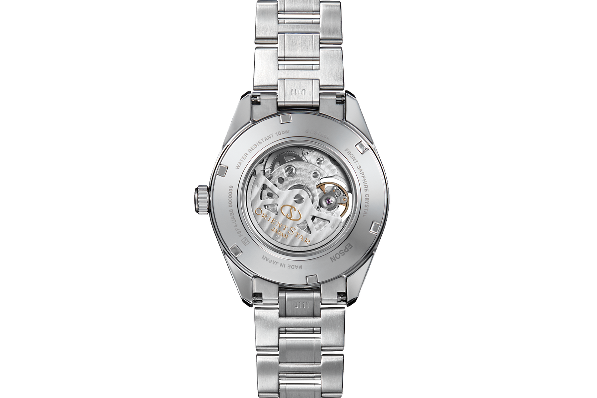 A stainless steel automatic watch shown from the back, featuring a transparent case that reveals the intricate mechanical movement inside, set against a solid white background.

Orient Star RE-AV0003L