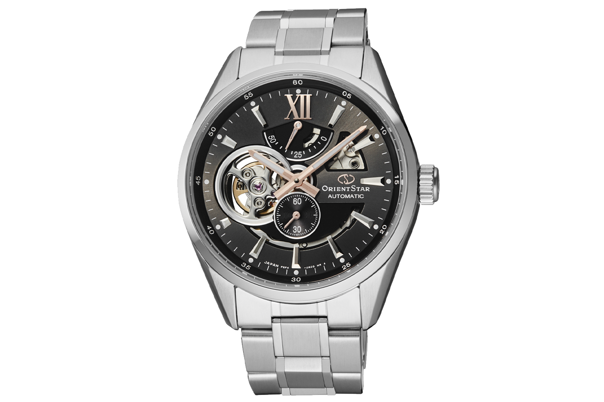 Orient Star Automatic men's watch featuring a silver stainless steel bracelet and case, a black dial with Roman numerals, and an open-heart skeleton display.

Orient Star RE-AV0004N