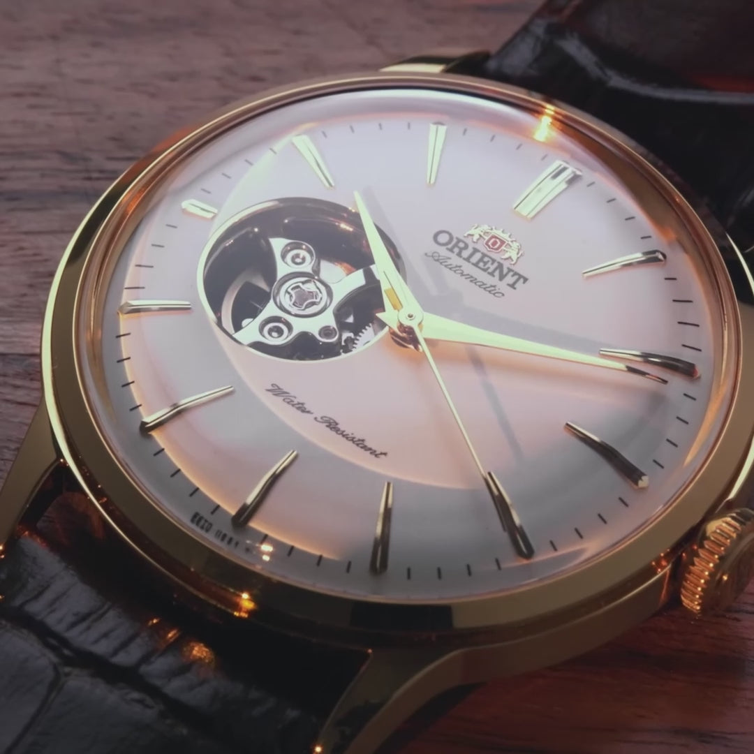 Various close up angles of Gold Case Orient Bambino Open Hear RA-AG0003S30B 